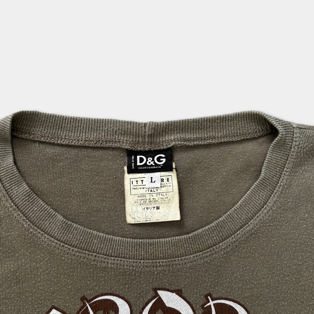 a close-up view of a gray t-shirt with a black and white label attached to the collar.