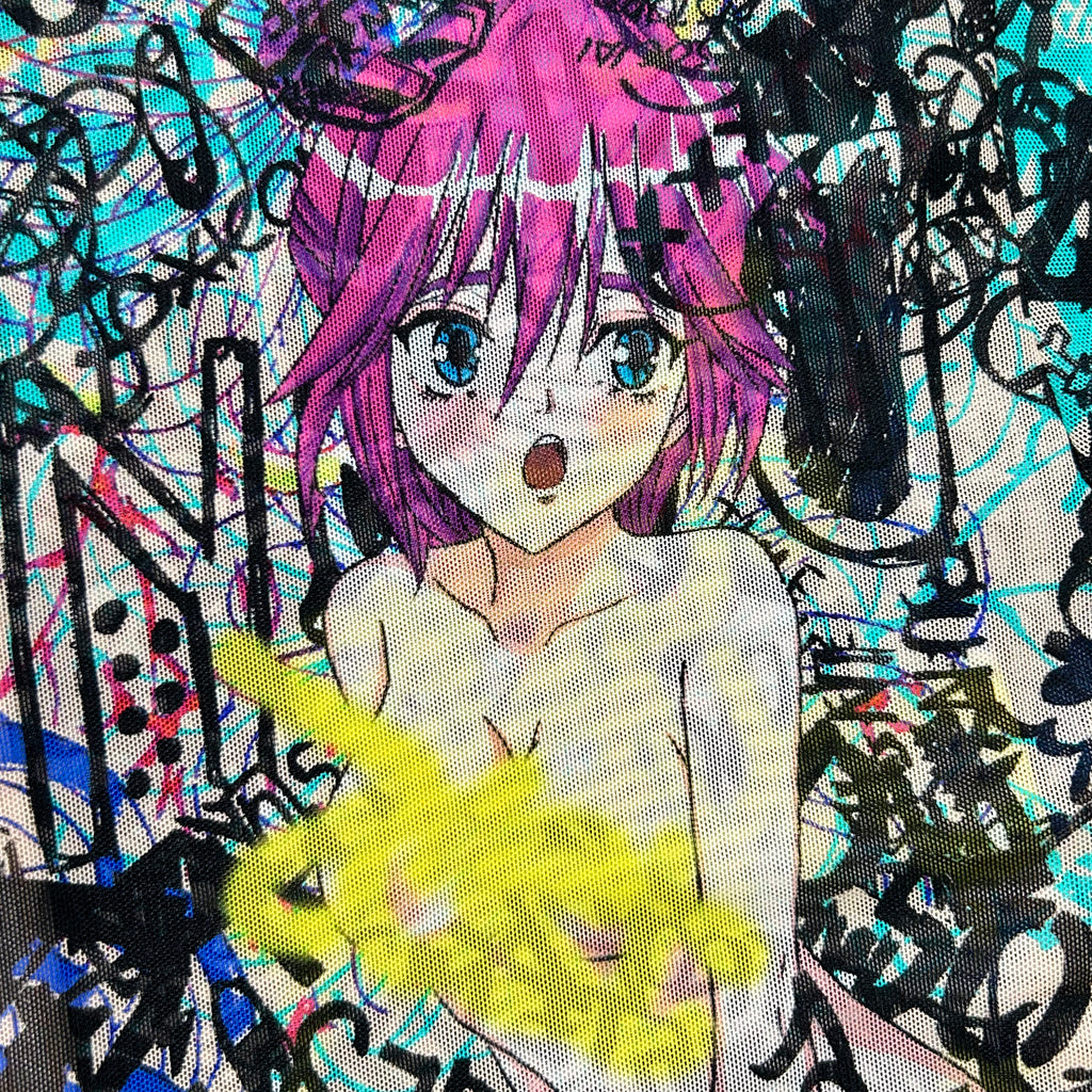 The image is a colorful and vibrant collage featuring an anime-style illustration of a young girl with pink hair and blue eyes, surrounded by a chaotic and abstract background with various shapes, lines, and splatters in different colors.