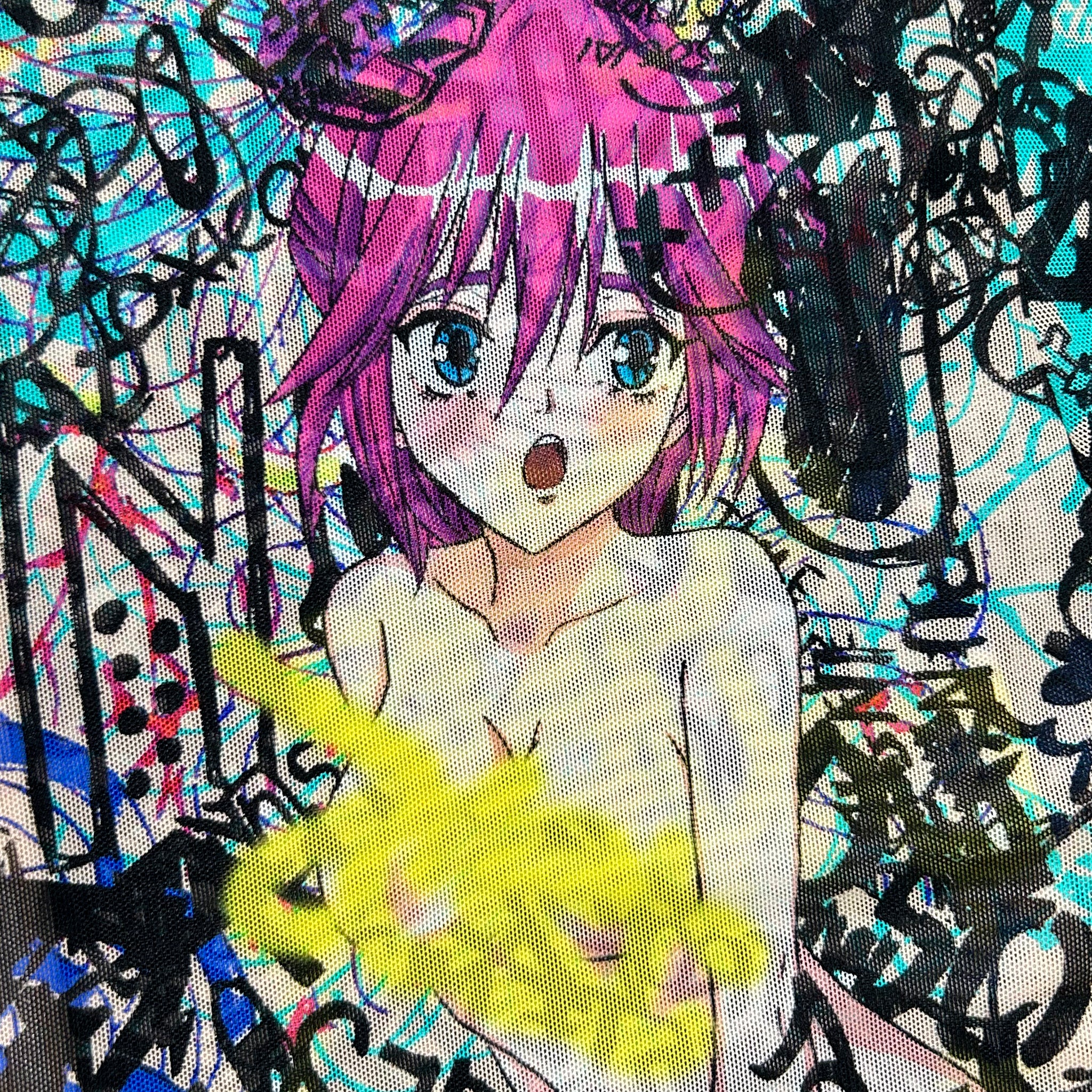 The image is a colorful and vibrant collage featuring an anime-style illustration of a young girl with pink hair and blue eyes, surrounded by a chaotic and abstract background with various shapes, lines, and splatters in different colors.
