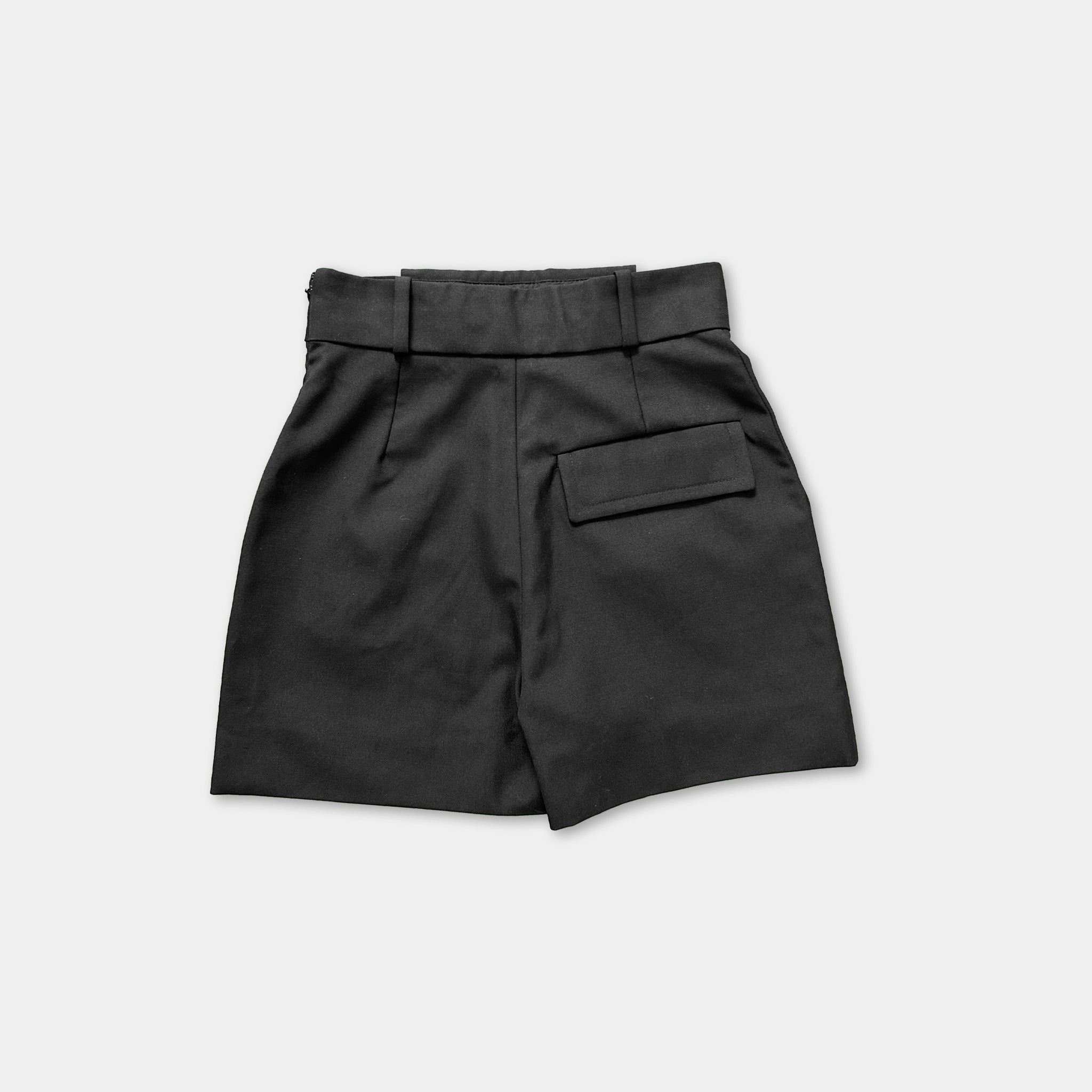A pair of black shorts with a belt and a pocket on the front.