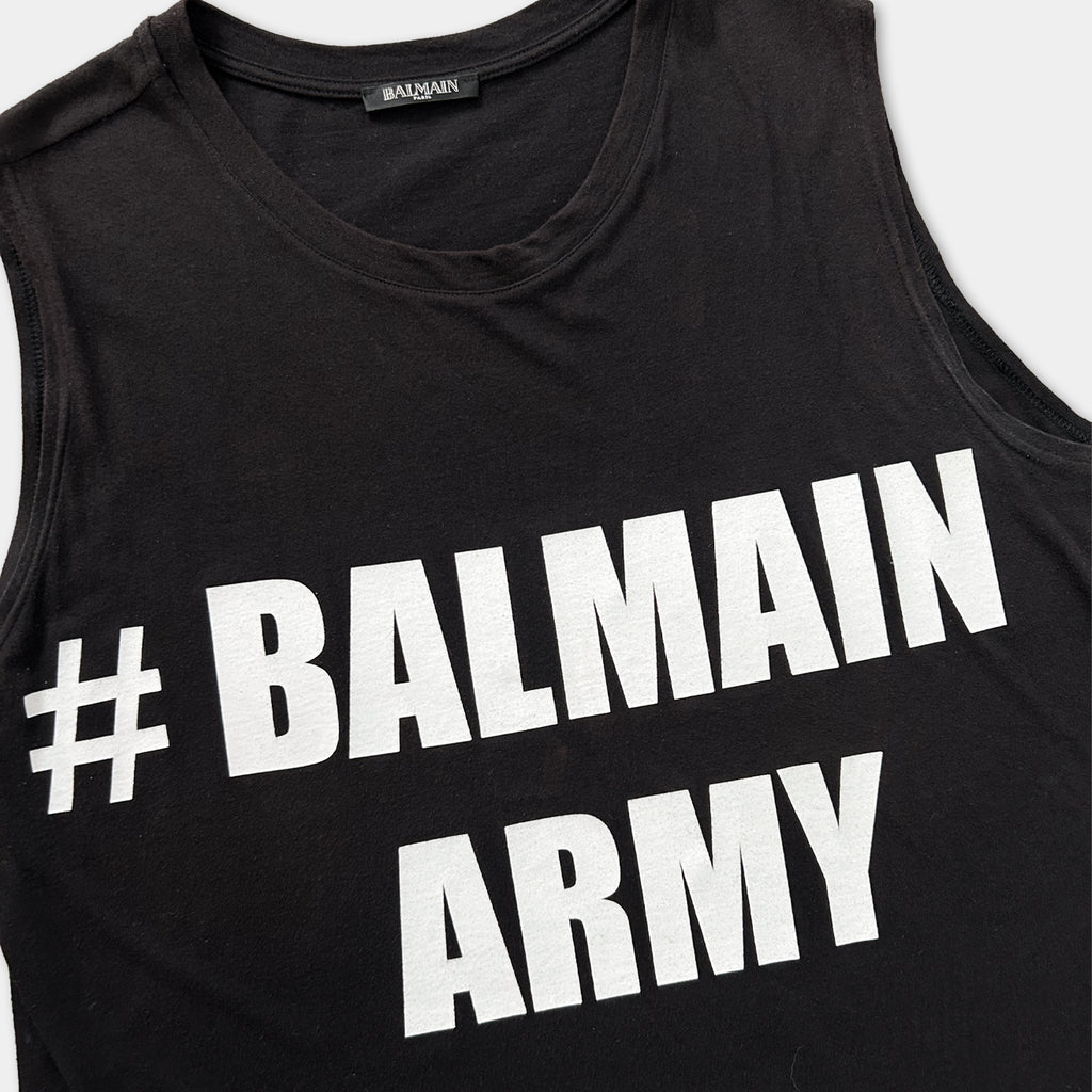 A black tank top with white text printed on it.