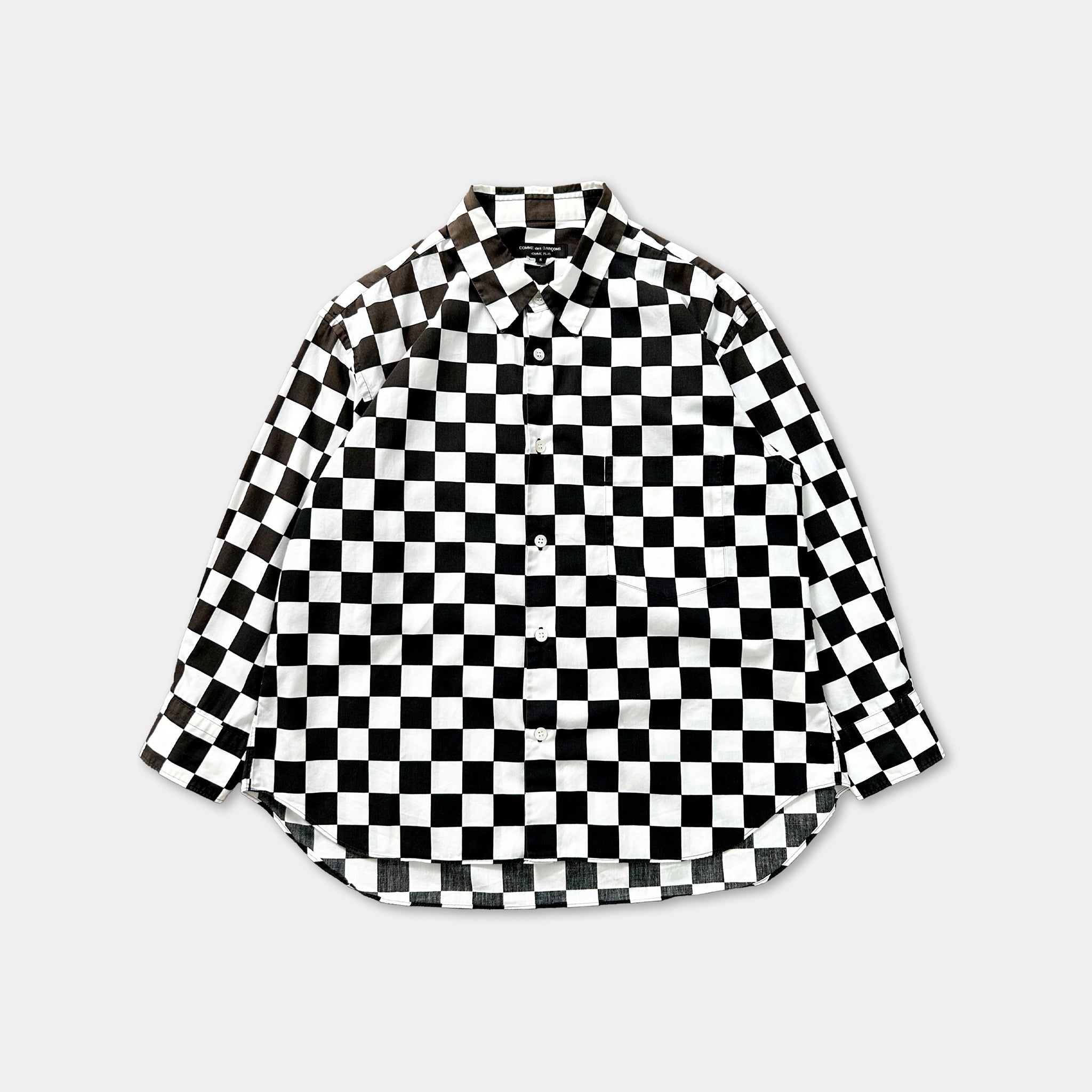 a black and white checkered shirt against a white background.