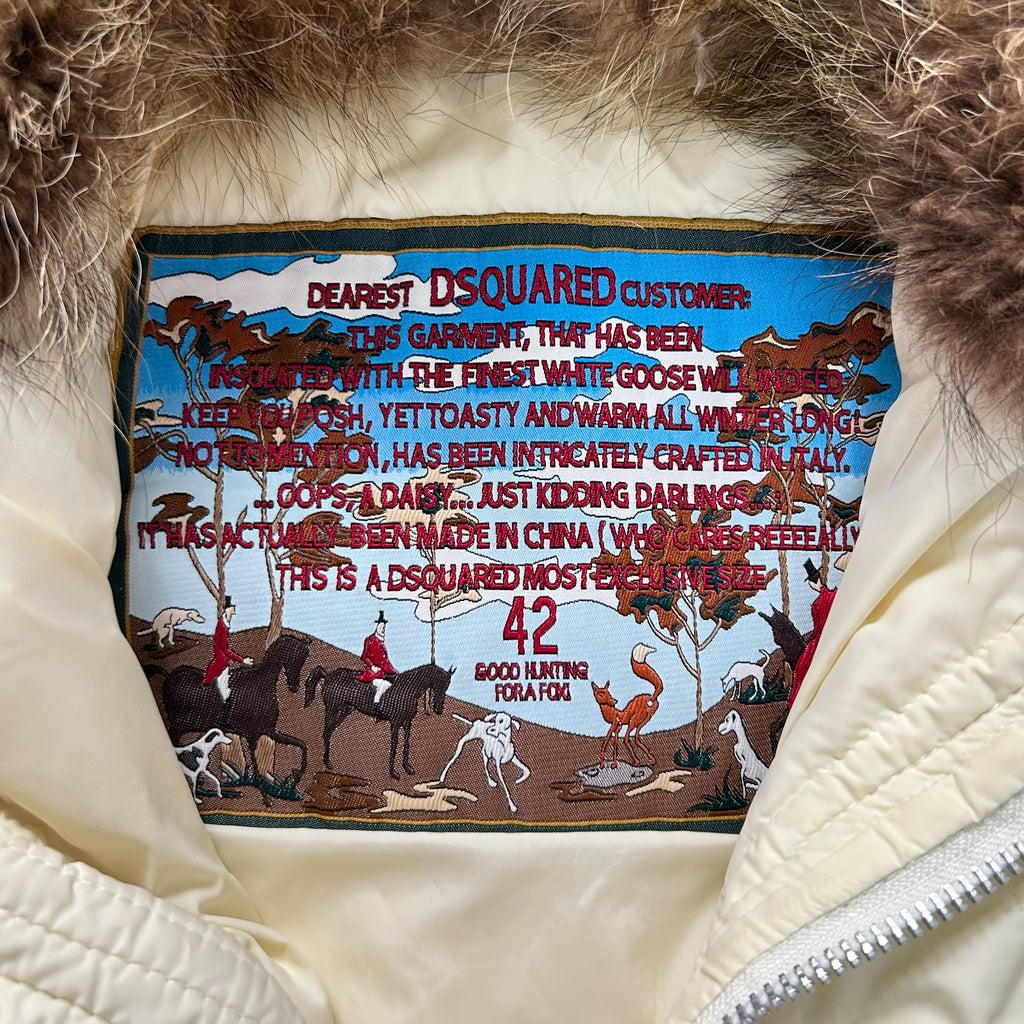 a close-up of a label on a jacket, with a detailed description of the jacket's features and origin.