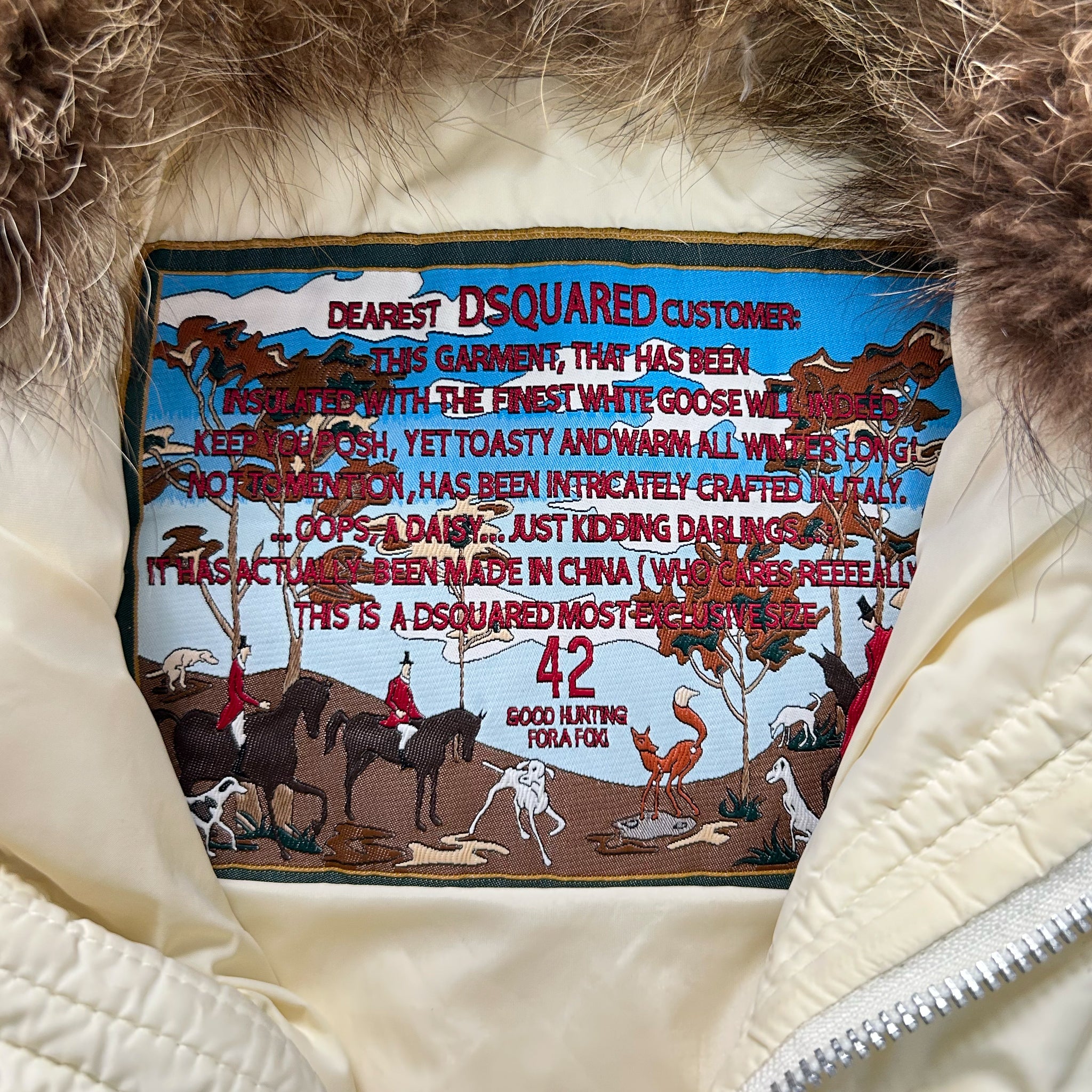 a close-up of a label on a jacket, with a detailed description of the jacket's features and origin.