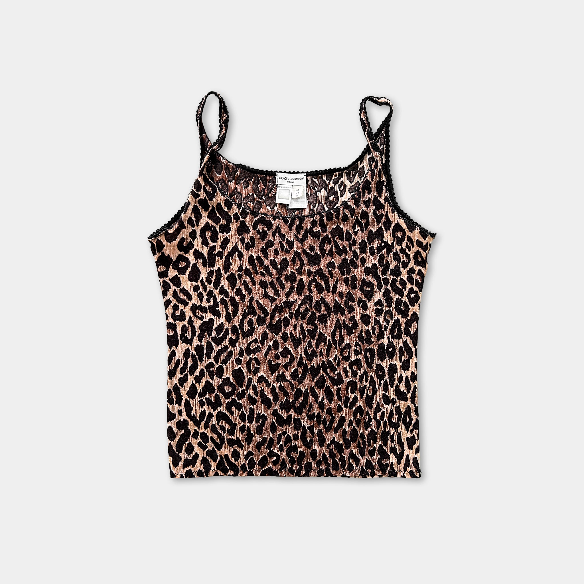 A leopard print tank top is shown against a white background.
