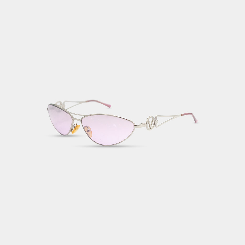 A pair of stylish sunglasses with a silver frame and pink lenses.