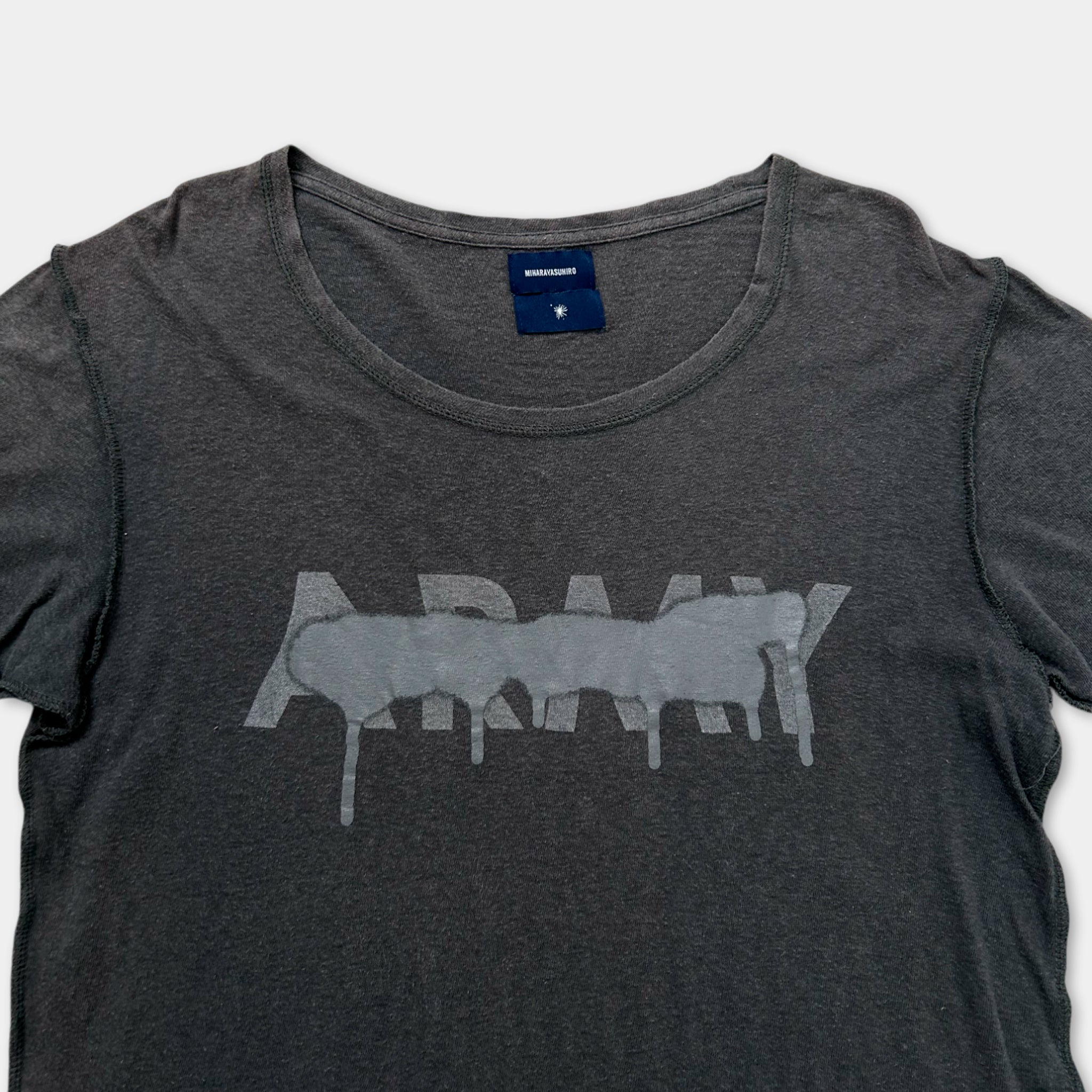 A gray t-shirt with a graphic design featuring the word "ARMY" in a dripping or dripping-style font.