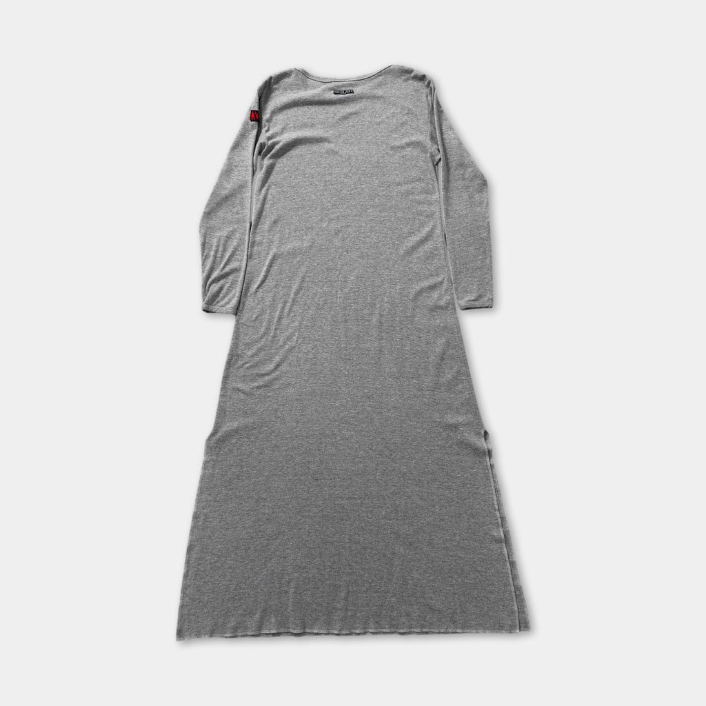 A long, gray dress with a simple, classic design.
