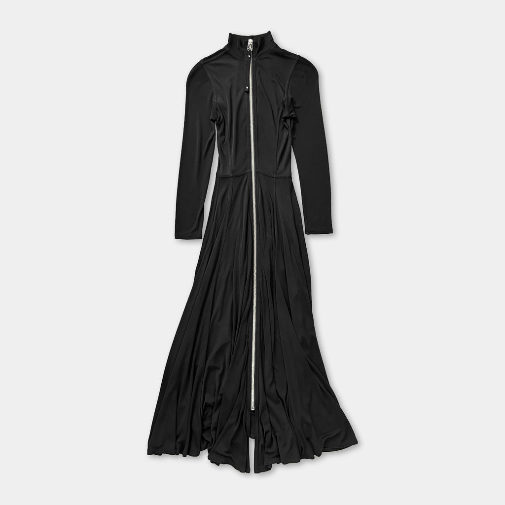 A long, black dress with a zipper running down the center.