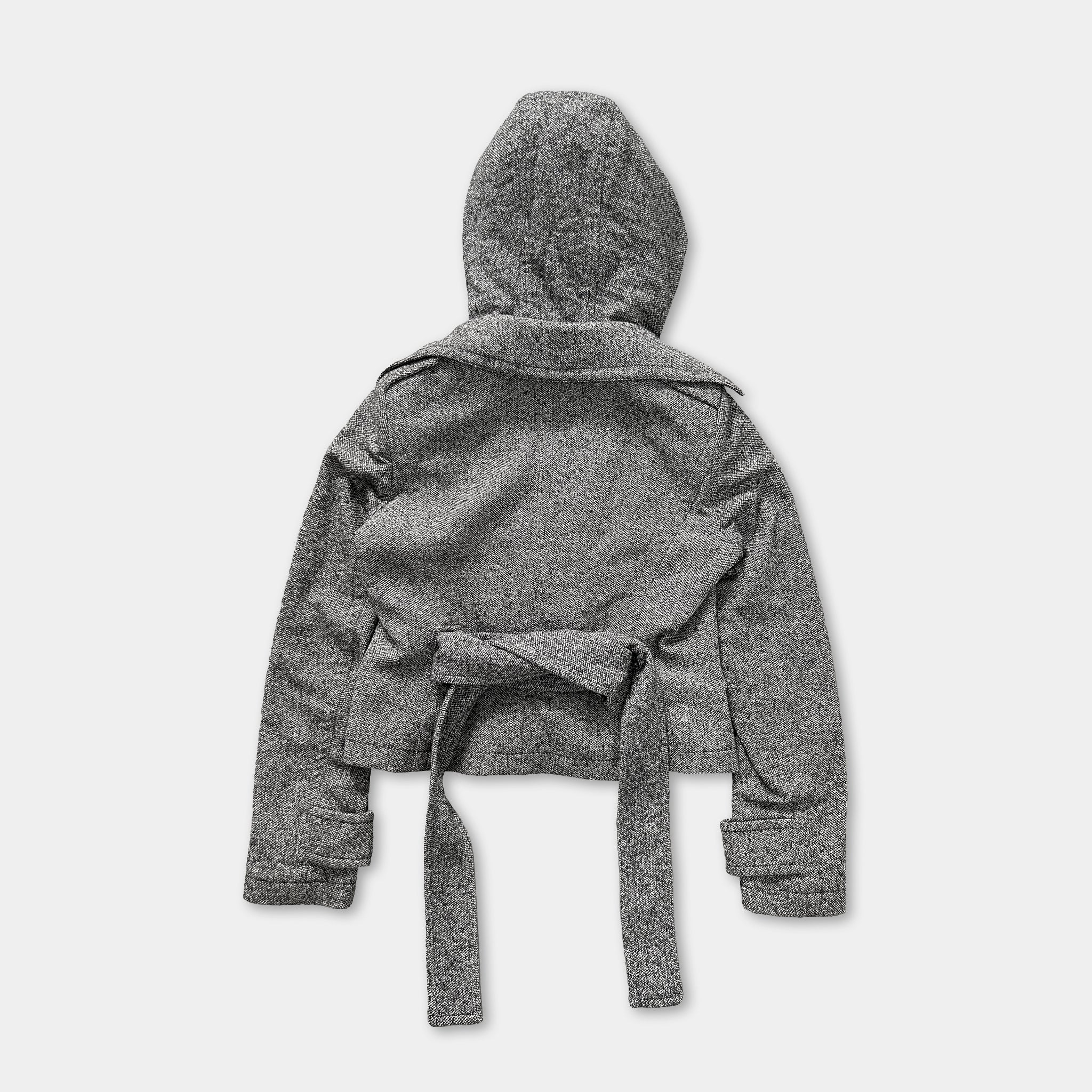 A gray hooded jacket with a drawstring hood and a tie at the waist.