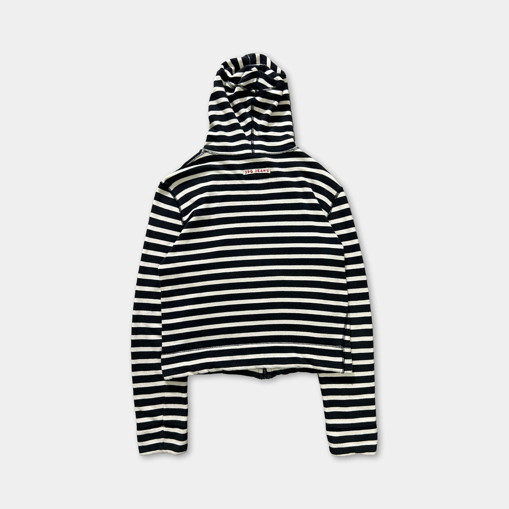 A black and white striped hoodie with a hood, displayed against a plain background.