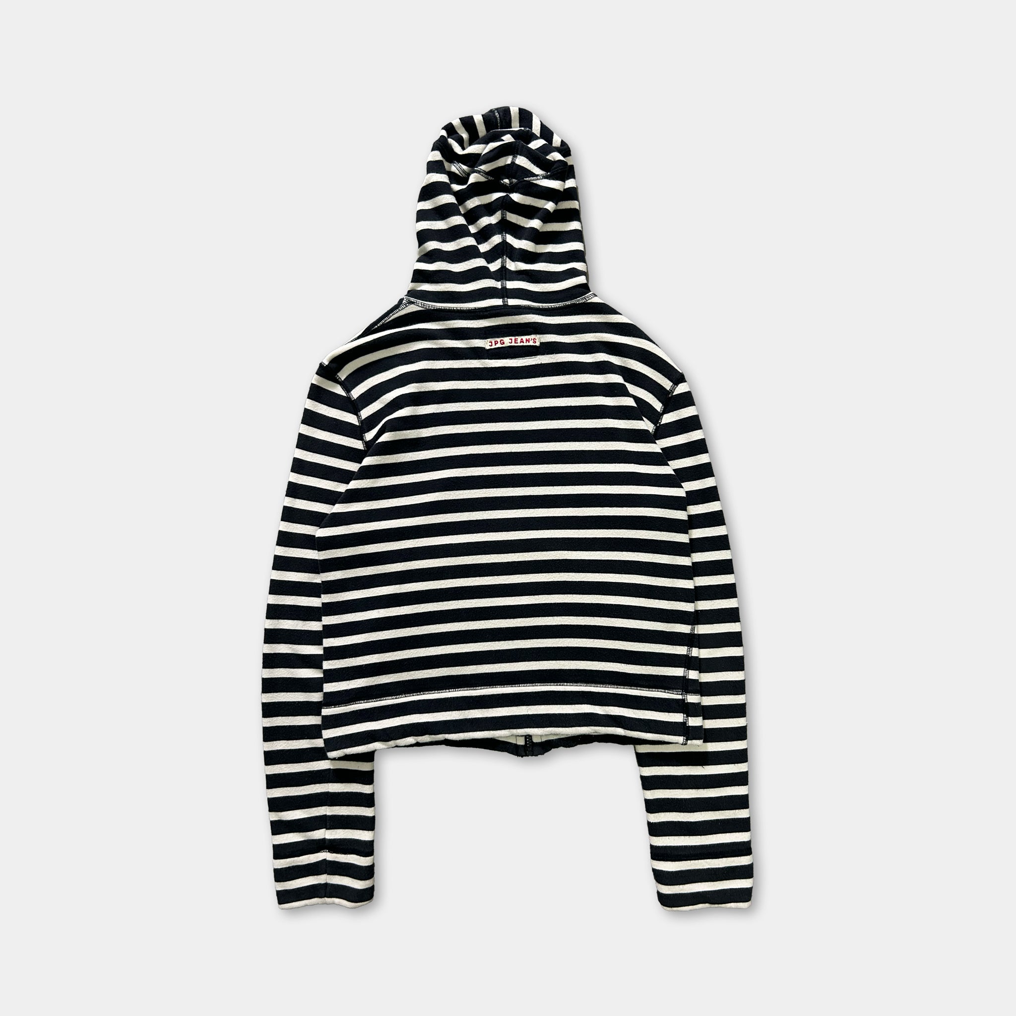 A black and white striped hoodie with a hood, displayed against a plain background.