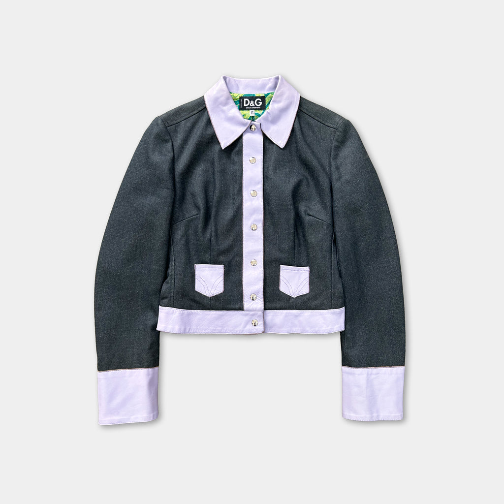 A gray and white jacket with a white collar and buttons, displayed against a white background.