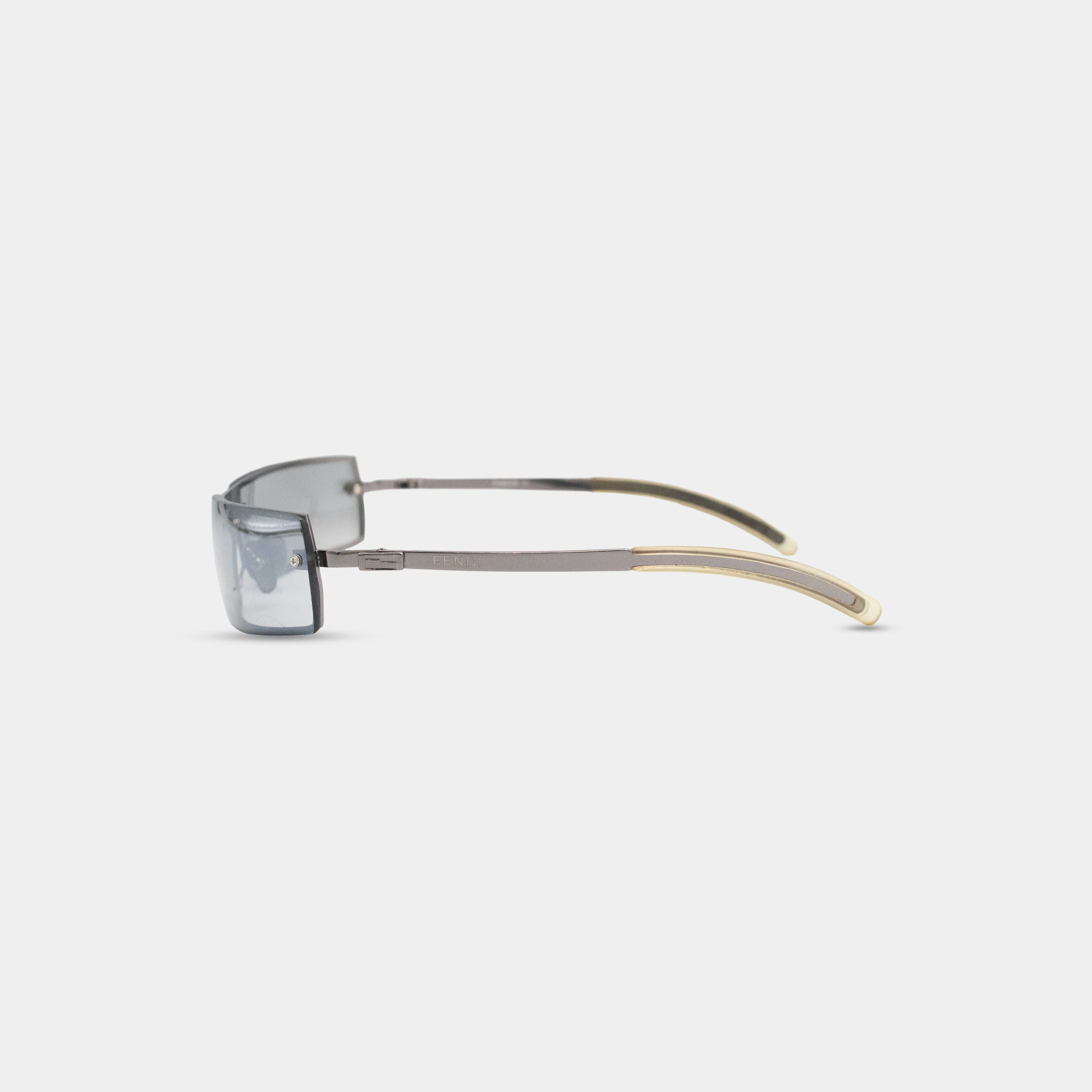 A pair of sunglasses with a silver frame and a black lens.