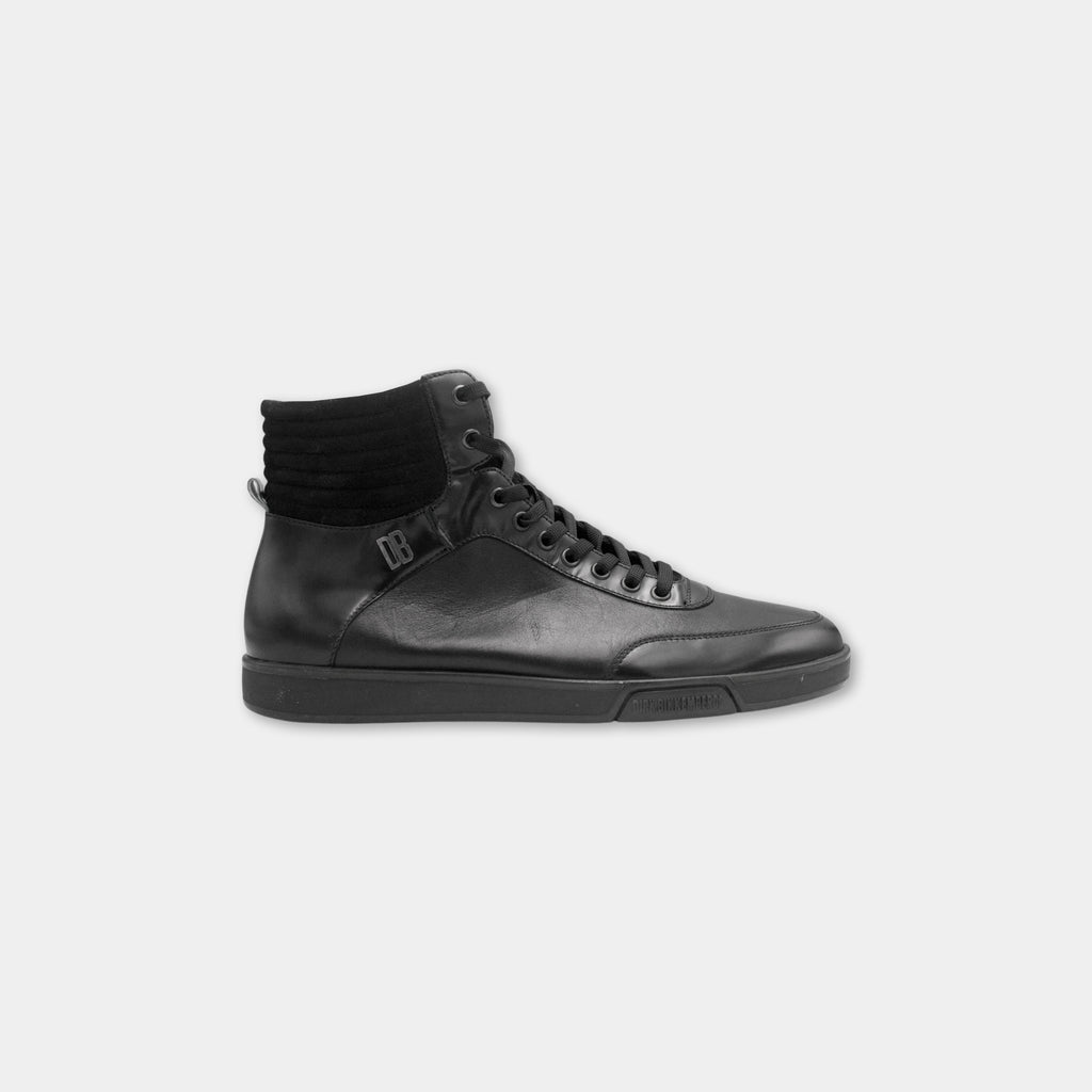 A black leather sneaker with a high top and lace-up closure.