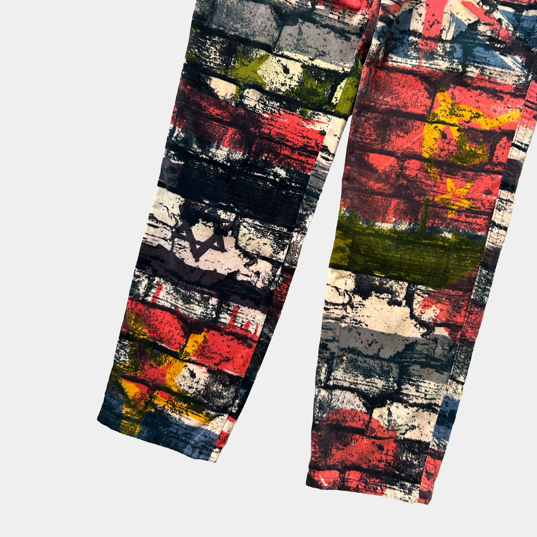 a pair of colorful, patterned pants with a bold, abstract design.