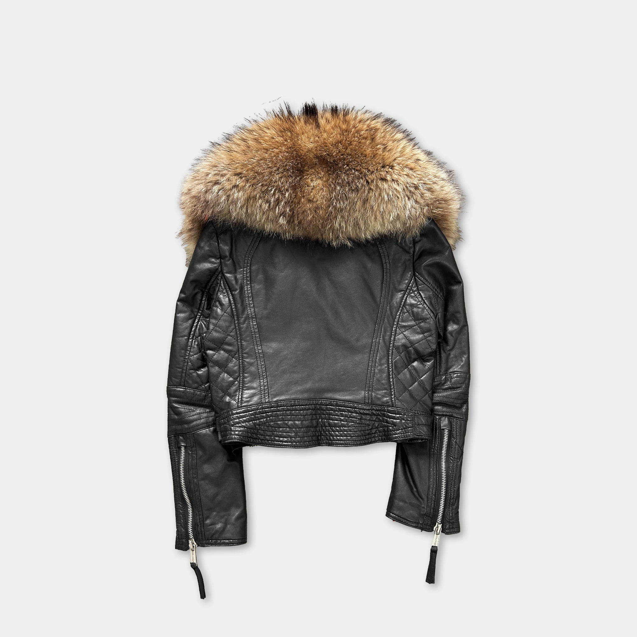 A black leather jacket with a fur collar is displayed against a white background.