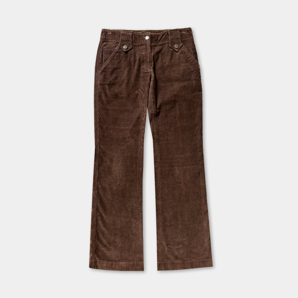 A pair of brown corduroy pants with a button waistband and two pockets on the front.