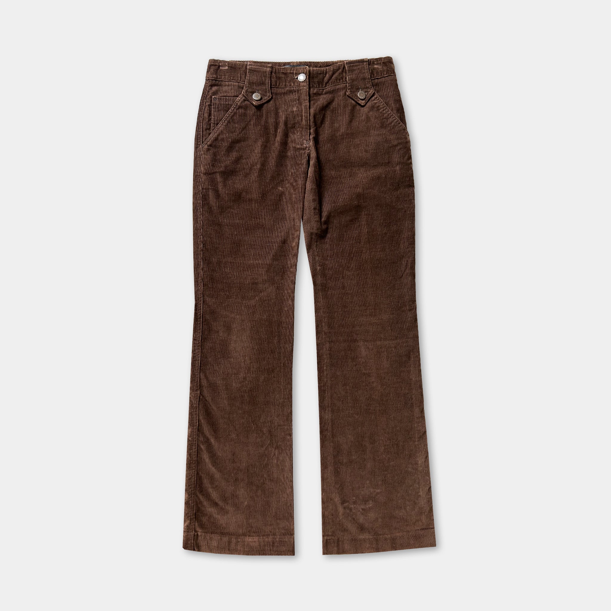 A pair of brown corduroy pants with a button waistband and two pockets on the front.