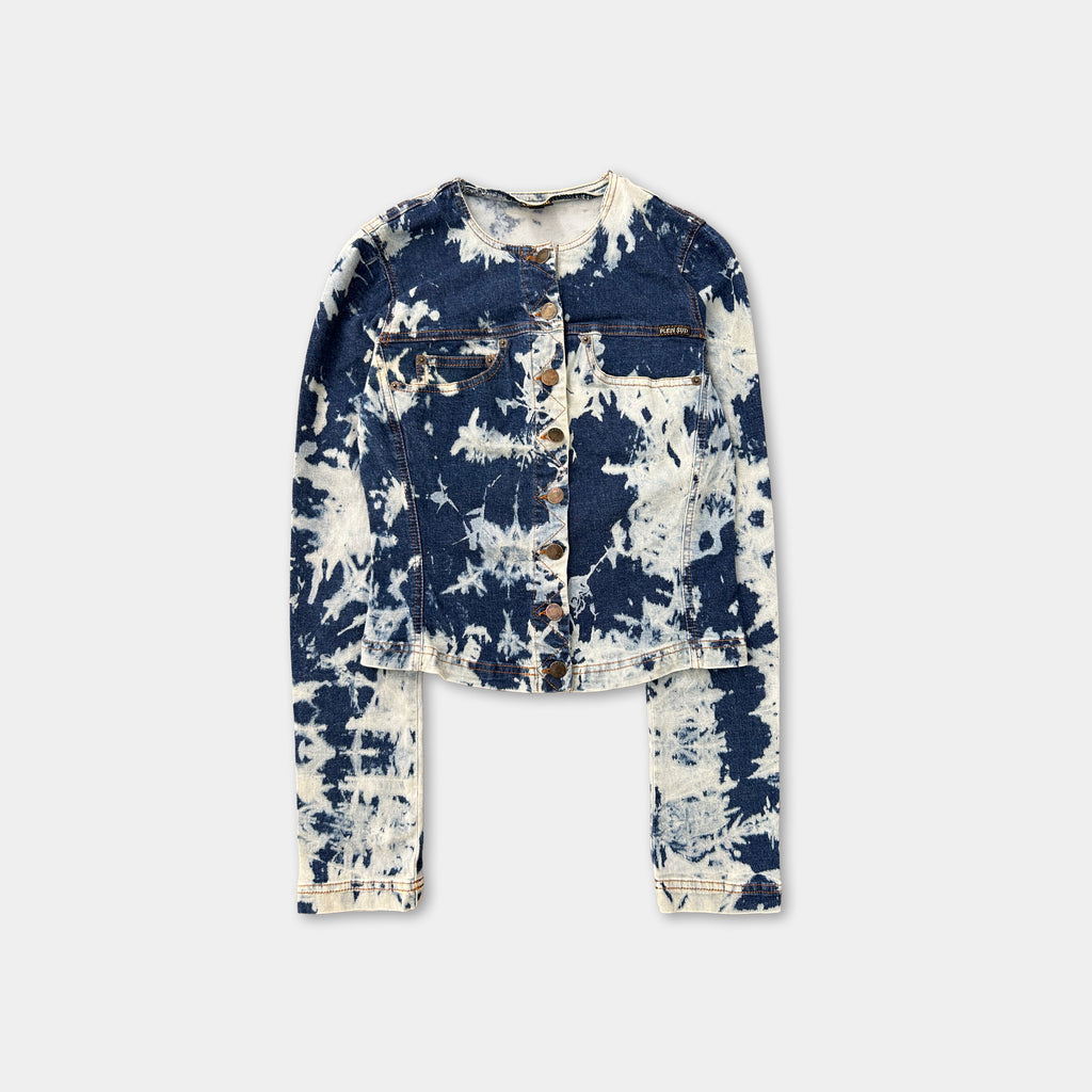 A blue and white denim jacket with a tie-dye pattern, featuring a button-down front and long sleeves.