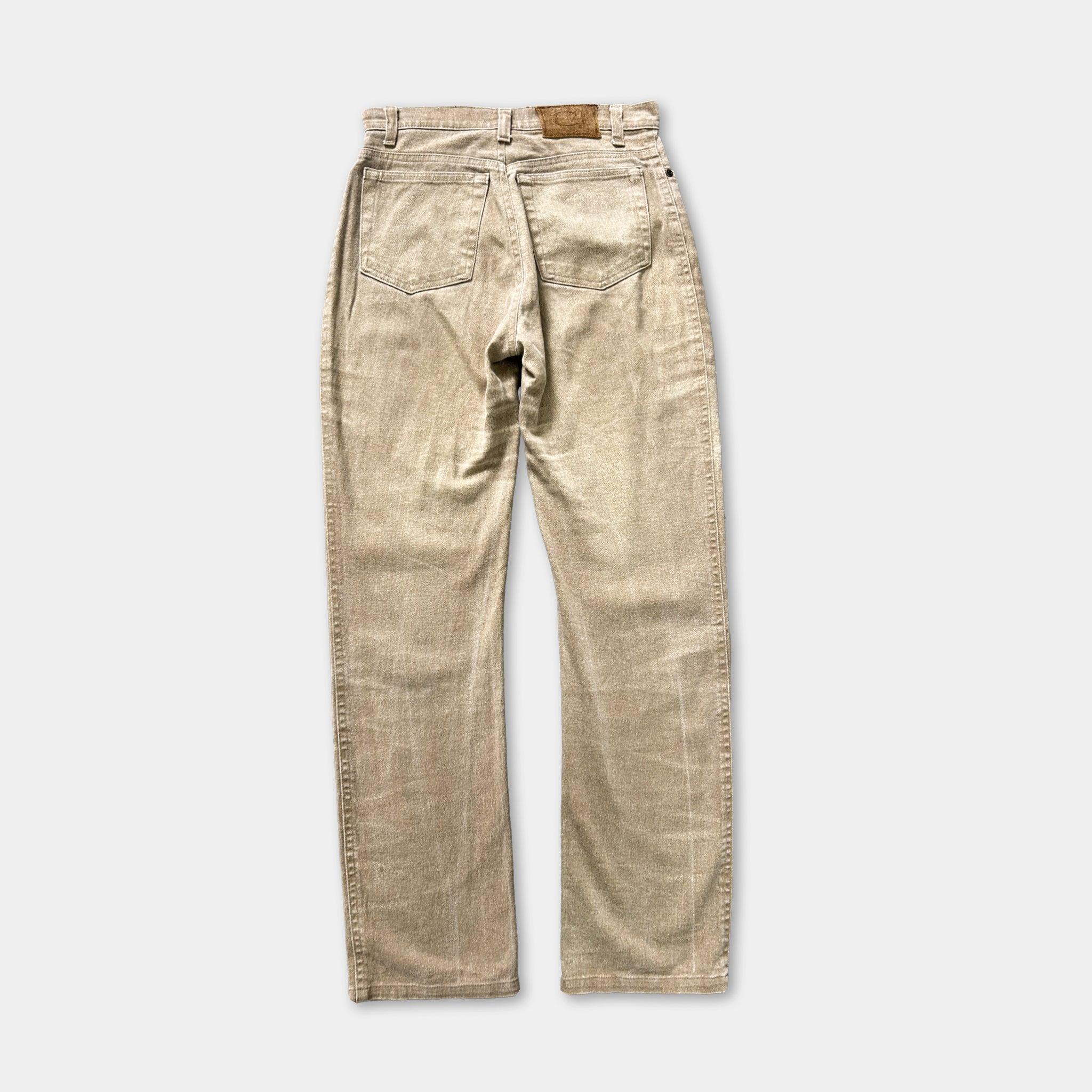 A pair of tan-colored, high-waisted jeans with a classic, relaxed fit.