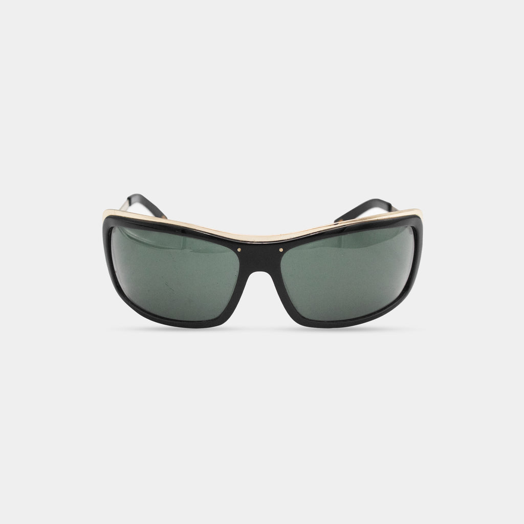 A pair of black sunglasses with dark green lenses.