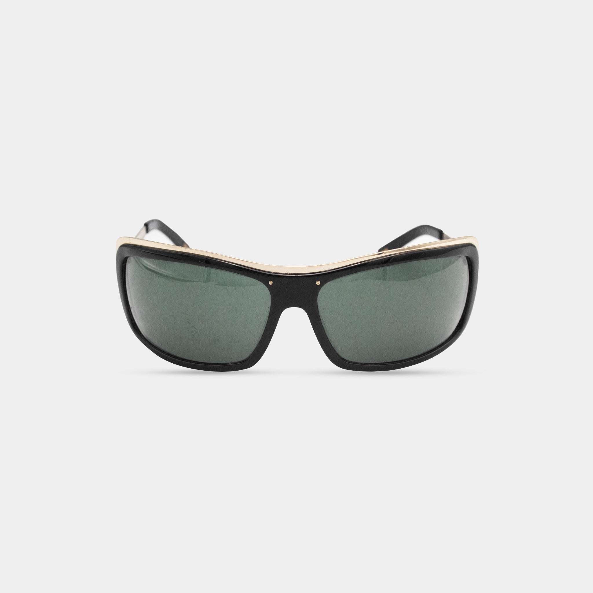 A pair of black sunglasses with dark green lenses.