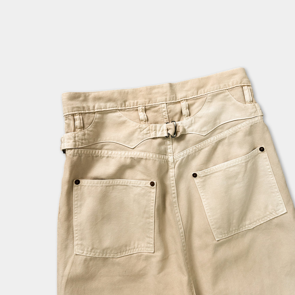 A pair of khaki-colored cargo pants with multiple pockets and a belt.