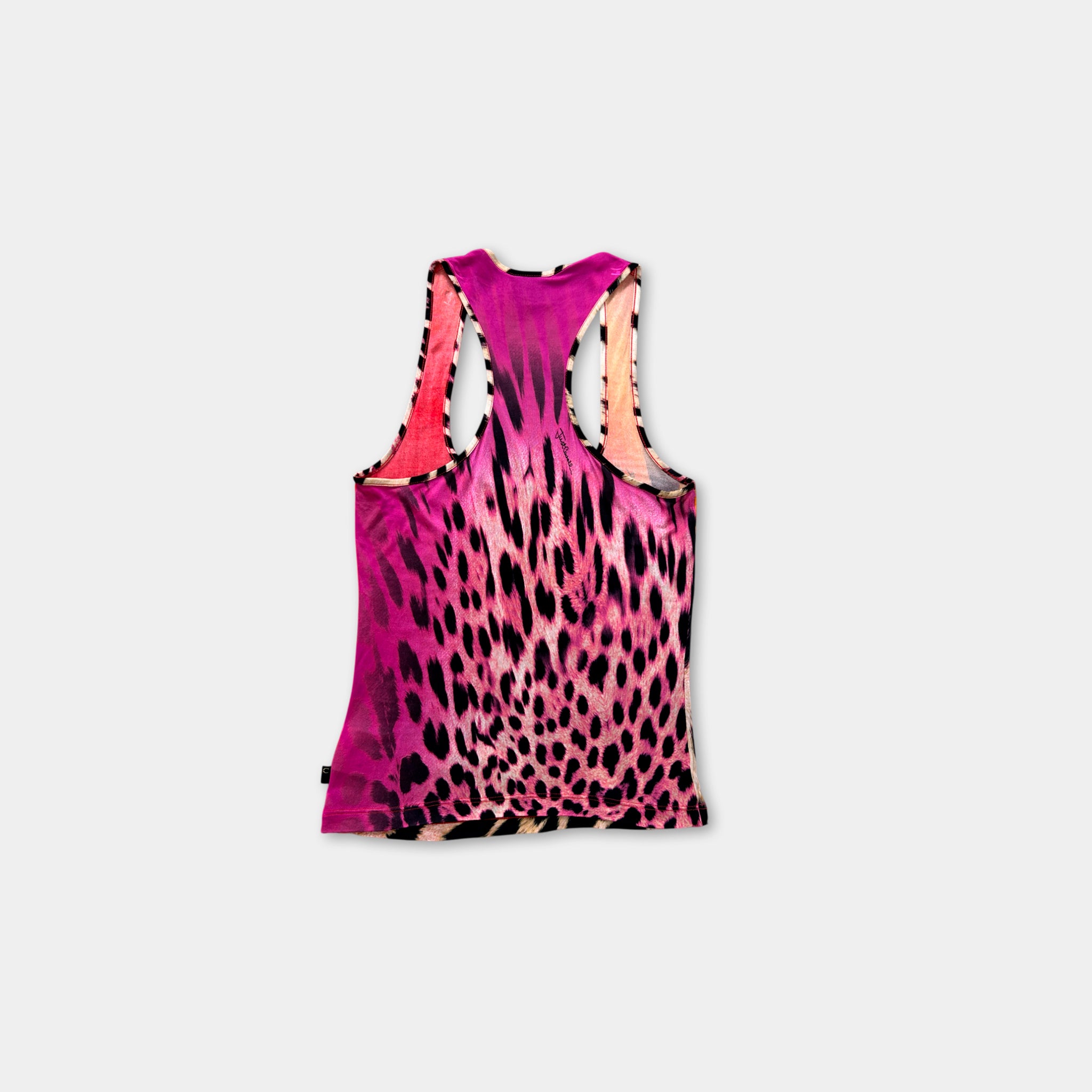 A pink tank top with a leopard print pattern is shown against a white background.