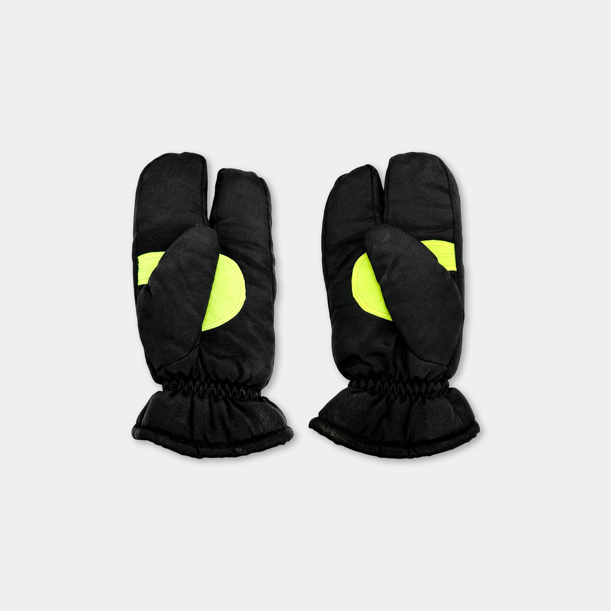 A pair of black and yellow gloves with yellow circles on the palm and fingers.