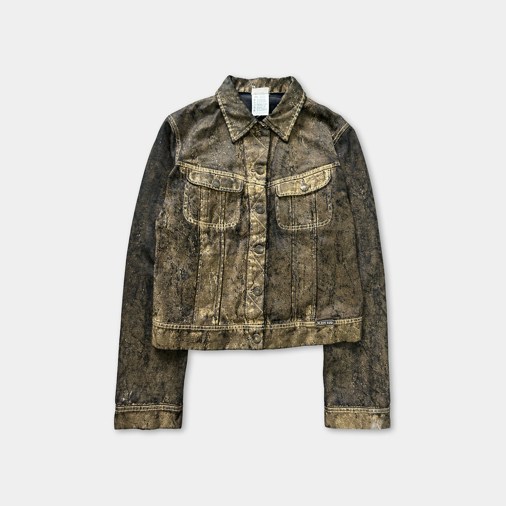 A dark brown denim jacket with a button-down front and long sleeves, displayed against a white background.