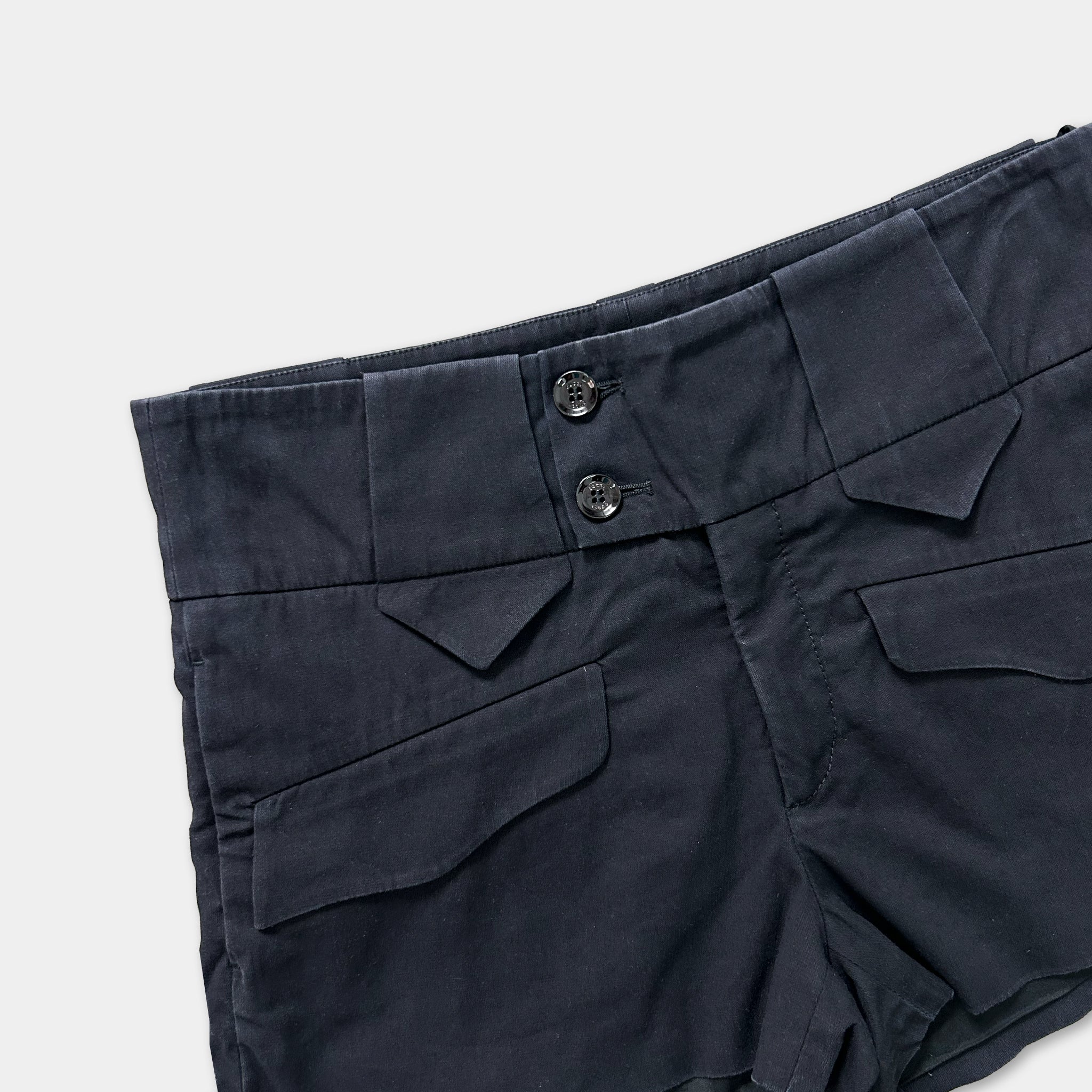 A pair of dark blue shorts with a button waistband and two pockets.