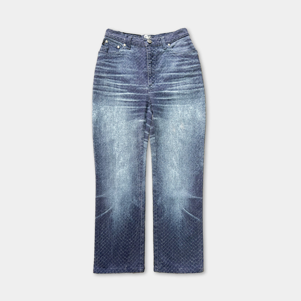 A pair of blue jeans with a distressed, worn-in appearance.