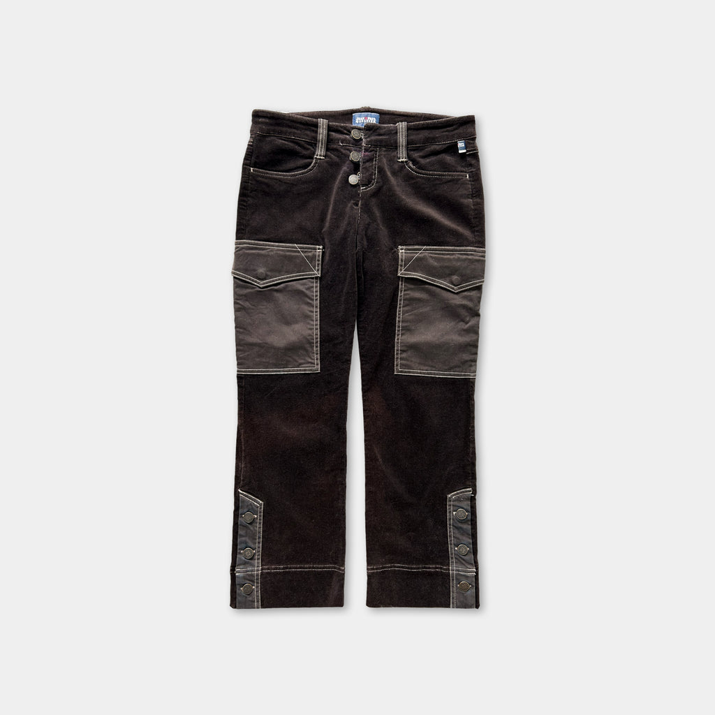 A pair of dark brown, button-up jeans with pockets on the sides.