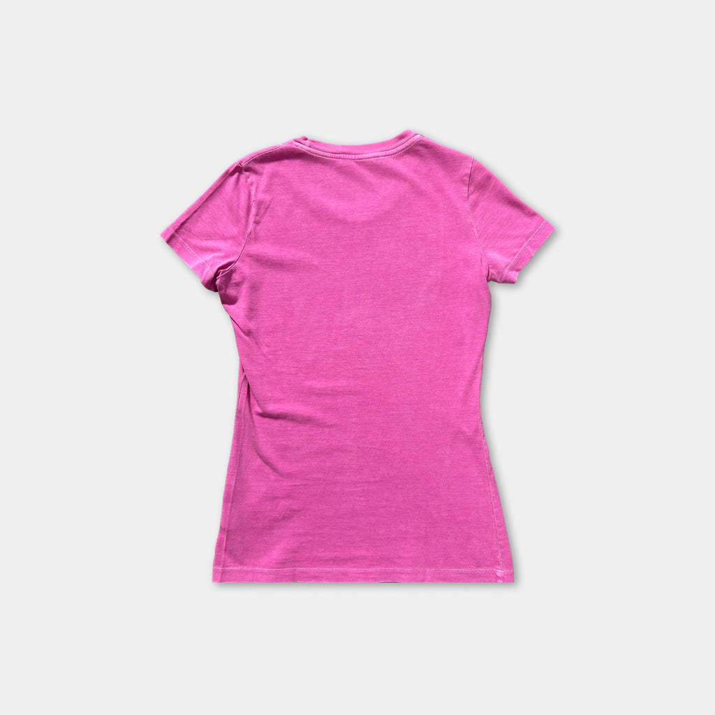 A pink t-shirt is shown against a white background.