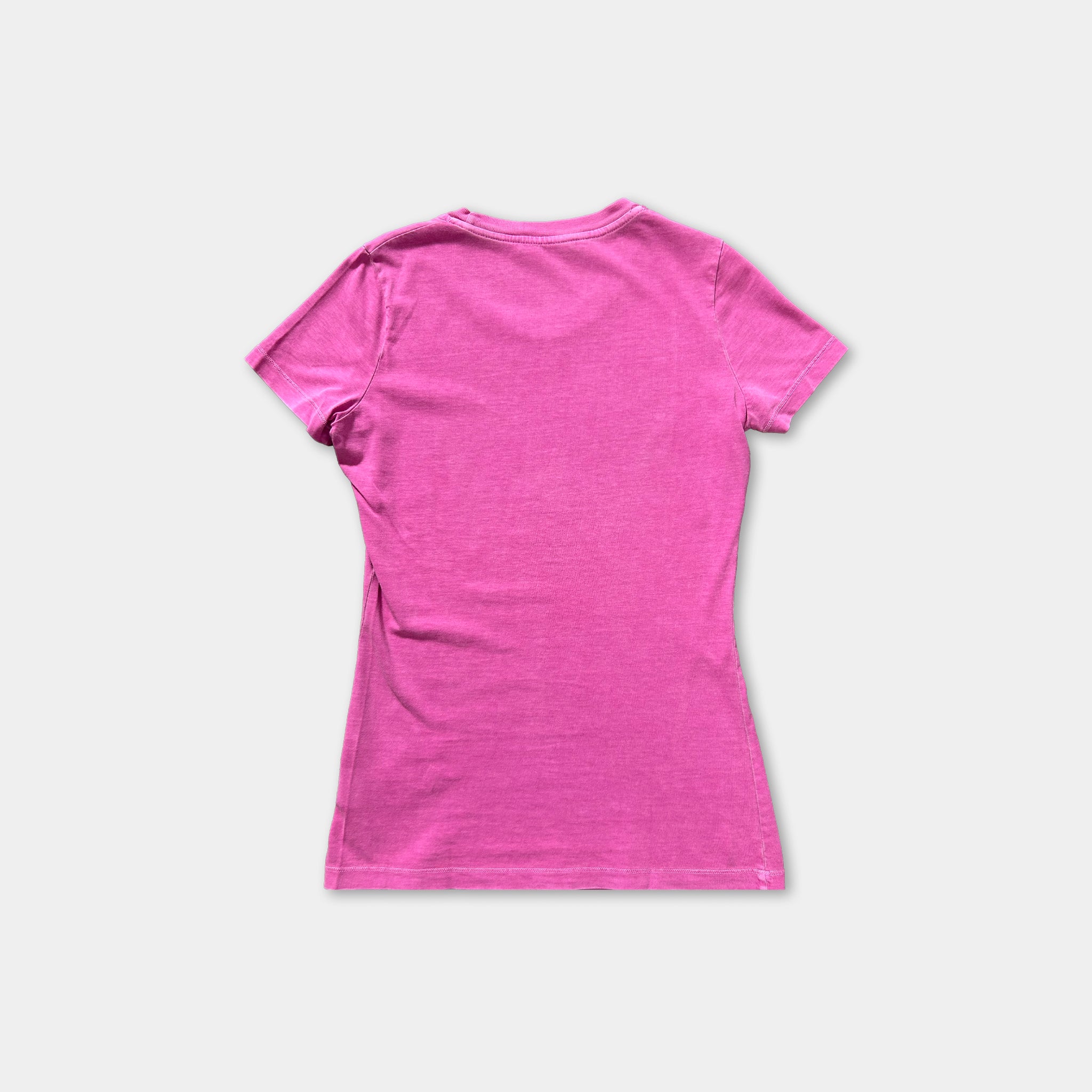 A pink t-shirt is shown against a white background.