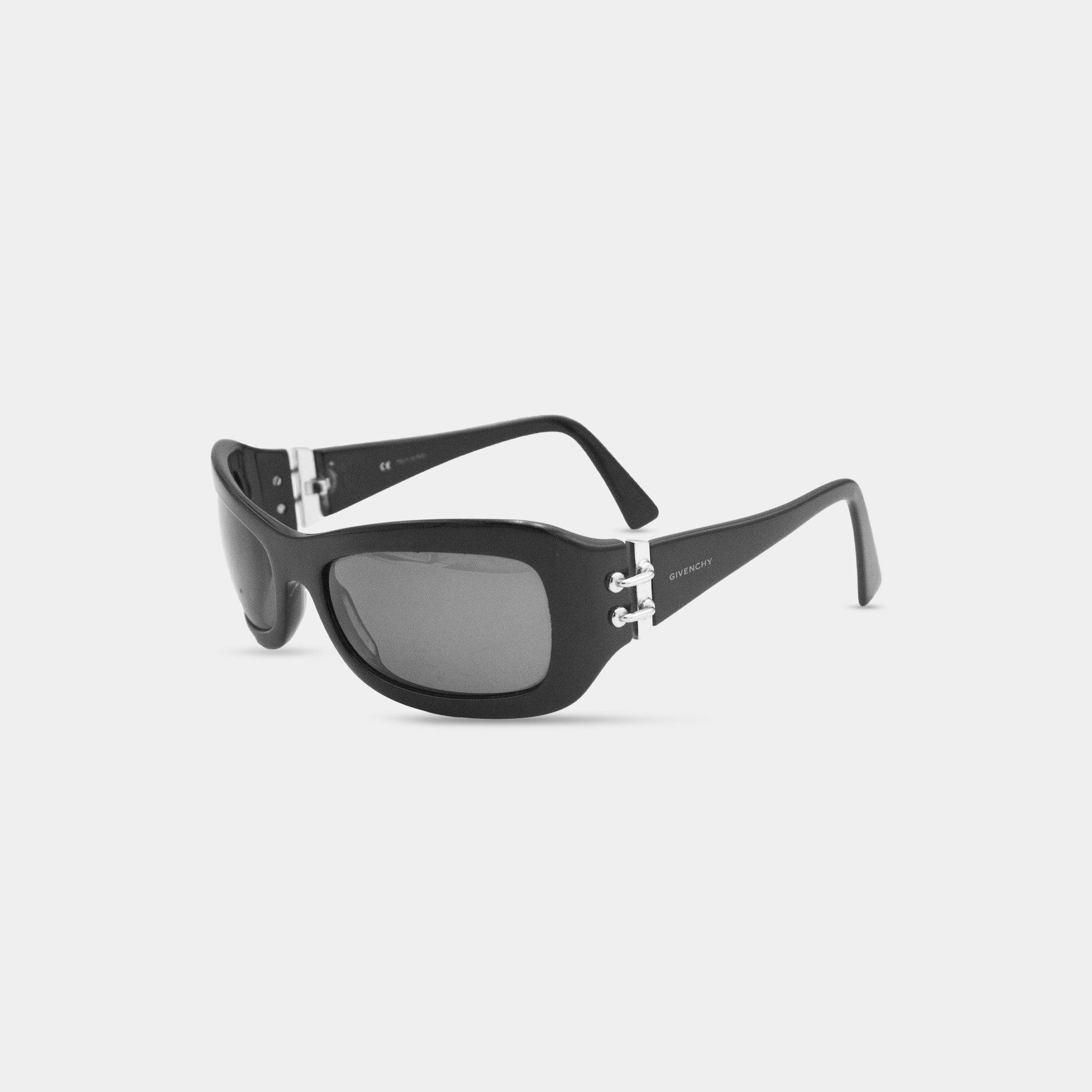 A pair of black sunglasses with silver accents.