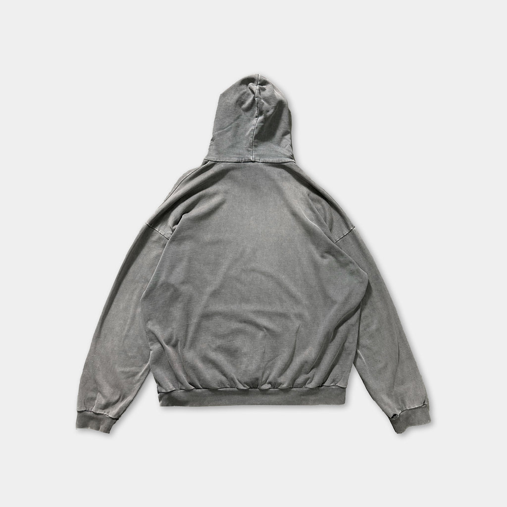 A gray hooded sweatshirt is shown against a white background.