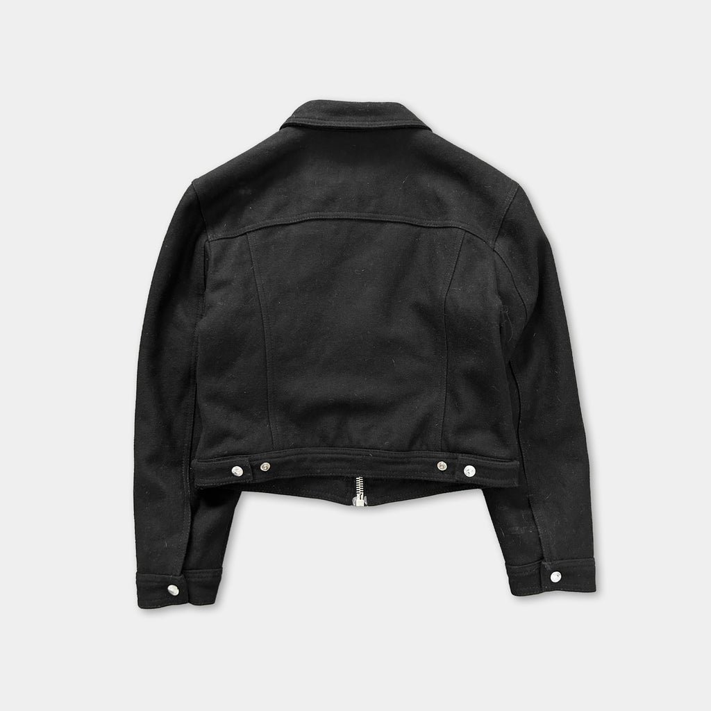 A black jacket with a zipper and buttons, laid out against a white background.