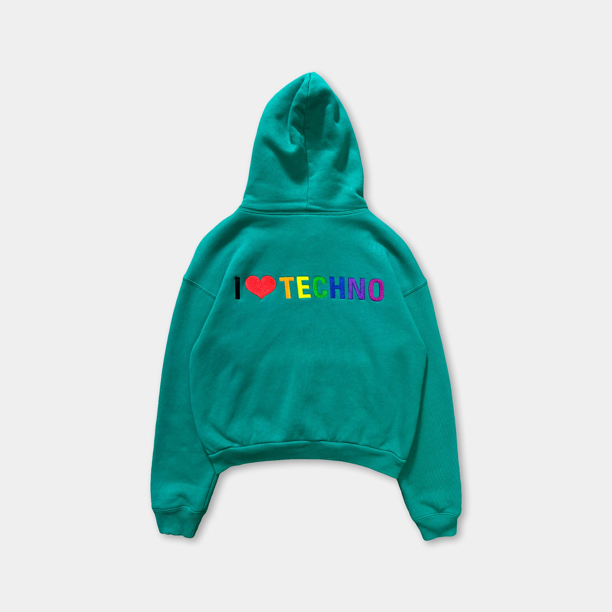 A teal hoodie with the text "I ♥ TECHNO" printed on the back.