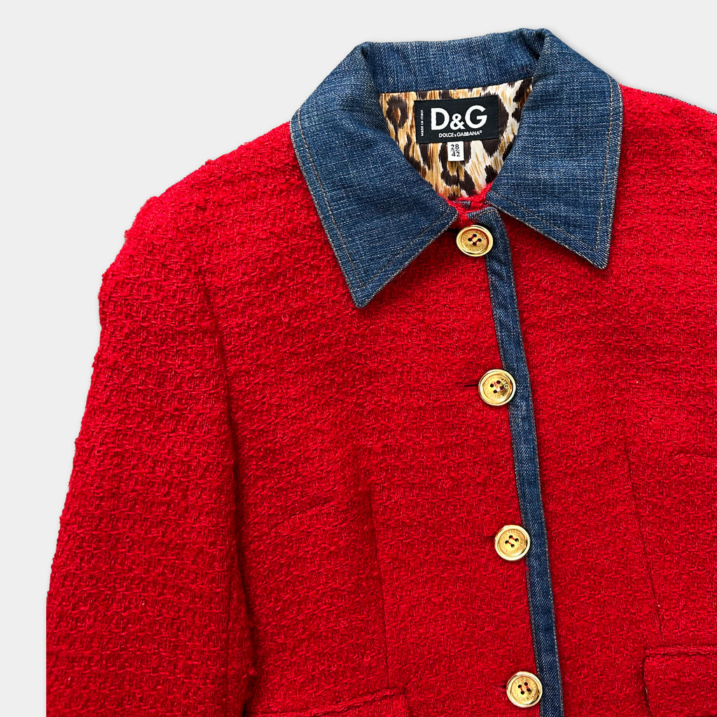 A red tweed jacket with a blue collar and buttons, featuring a leopard print pattern inside the collar.