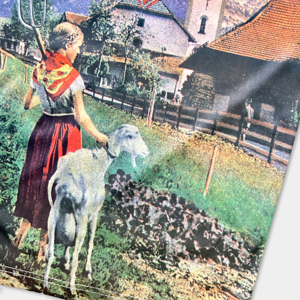 A woman in traditional German attire is shown tending to a white goat in a rural setting, with a wooden fence and buildings visible in the background.