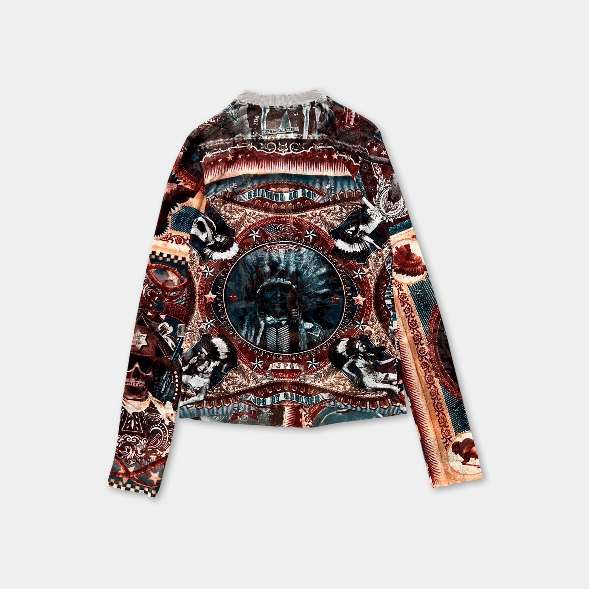 a long-sleeved jacket with a colorful, intricate design on the back.