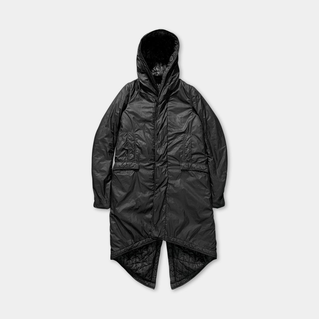 A black hooded parka jacket with a hood and zipper.