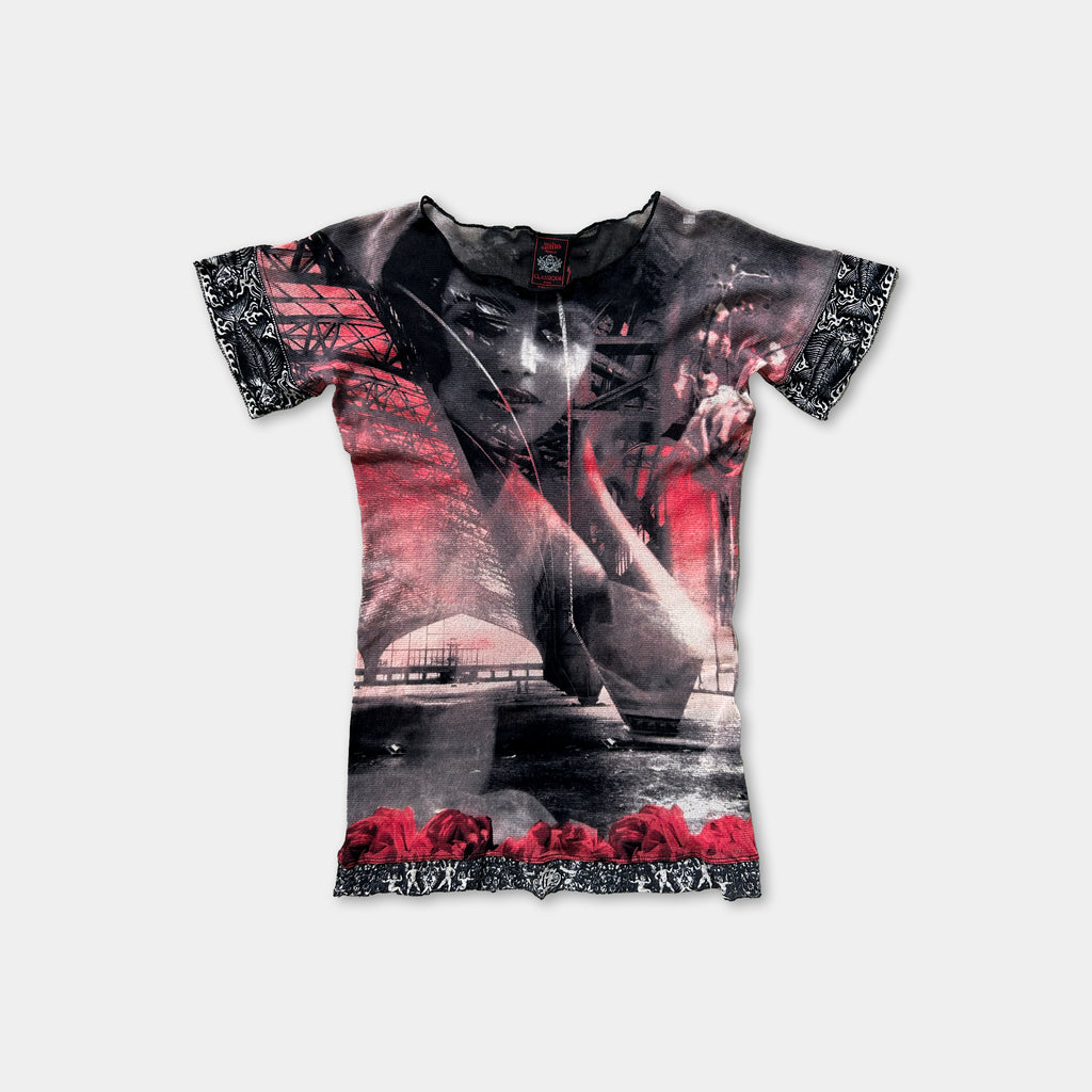 a black and red printed dress with a large graphic design on the front.