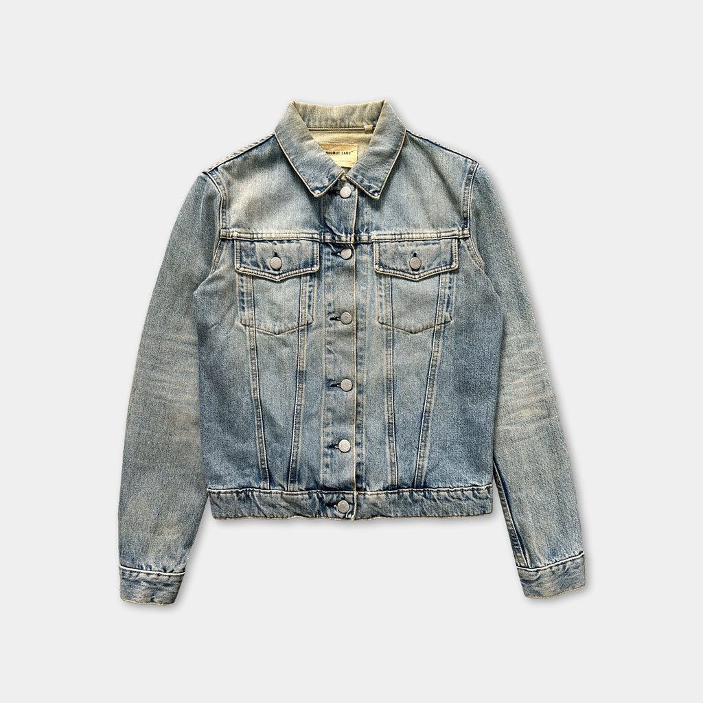 A denim jacket with a button-down front and long sleeves, displayed against a plain background.