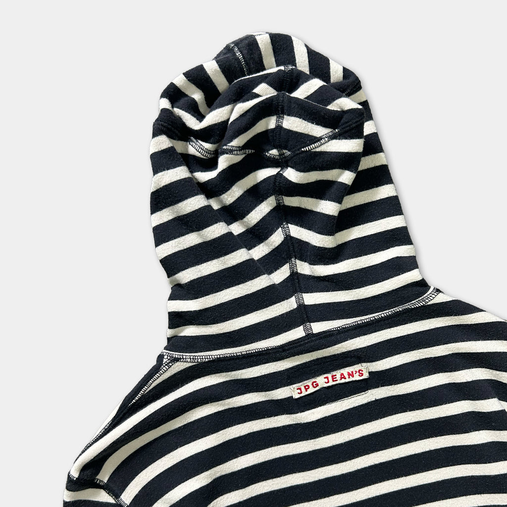 A black and white striped hoodie with the text "3PJ Jeans" printed on it.