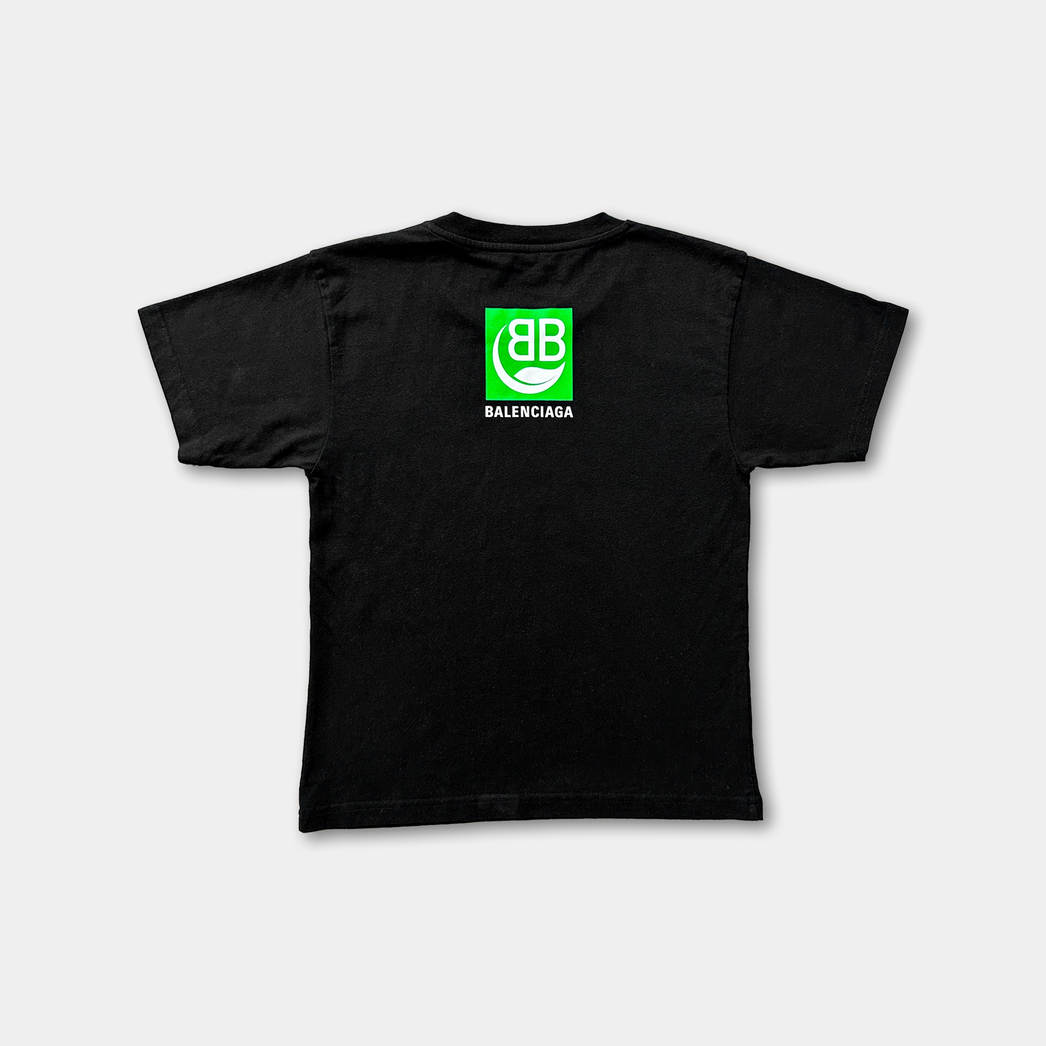 A black t-shirt with a green logo on the back.