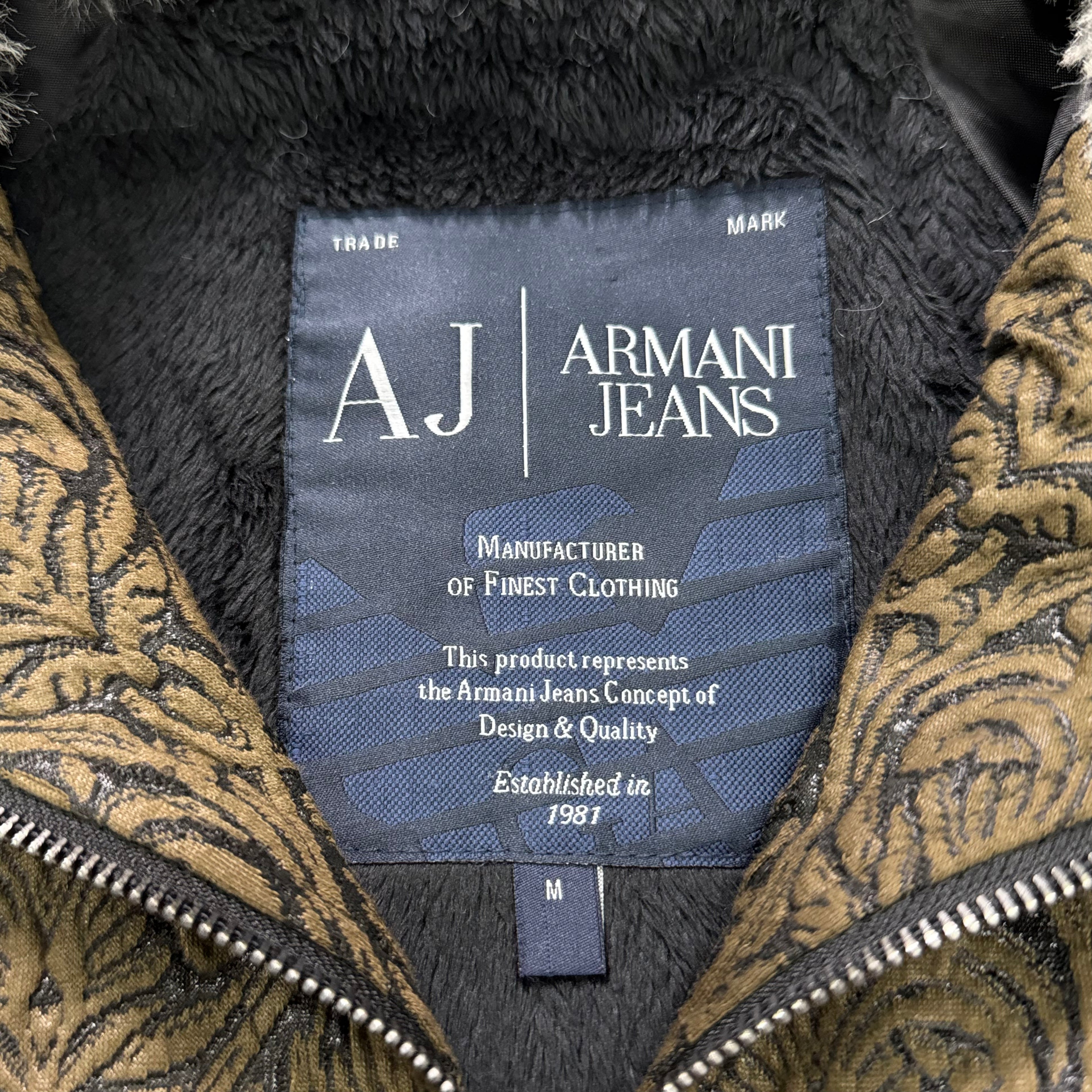Armani Jeans Jacquard & Leather Faux Fur Collar Bomber Jacket