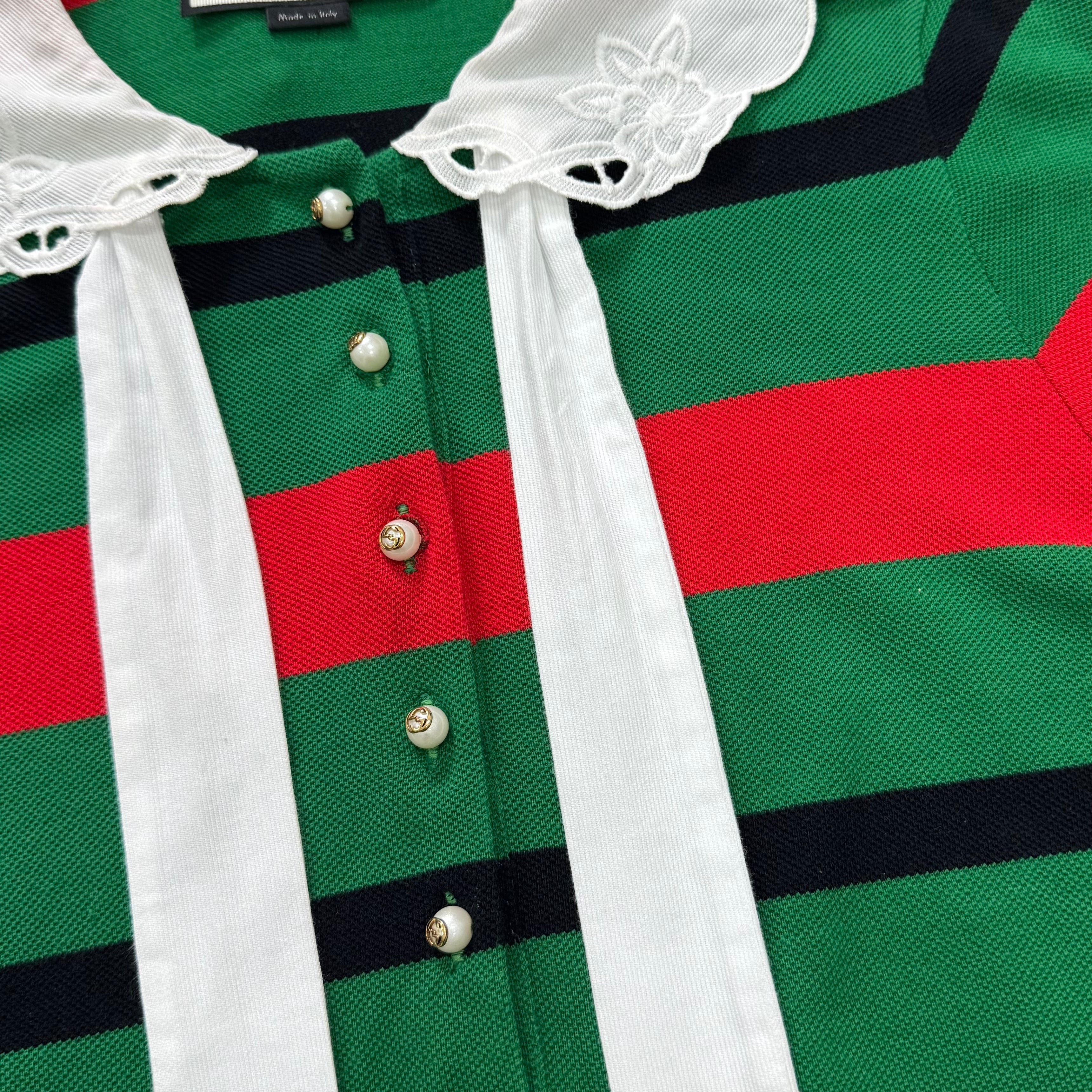 Gucci Green & Red Web Stripe Embroidered Lace Collar Polo Shirt
